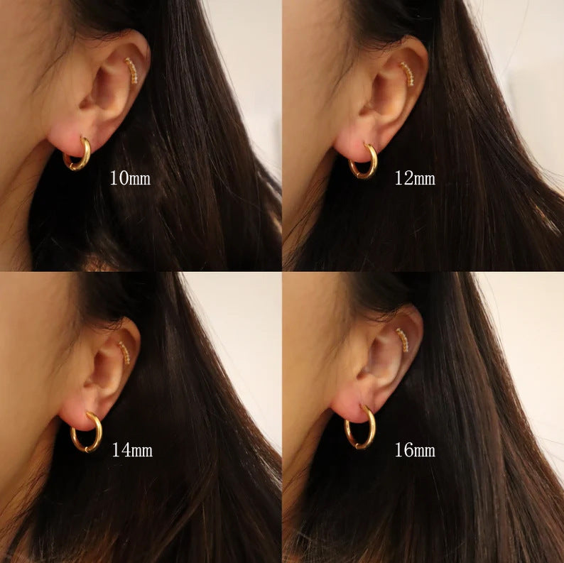 Ivy Huggie Hoops, small huggie earrings worn on the ear in 10, 12, 14 and 16 mm
